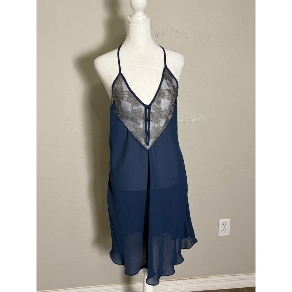 Lane Bryant Intimates Navy Blue Gold Lace Babydoll Chemise Nightgown 14/16